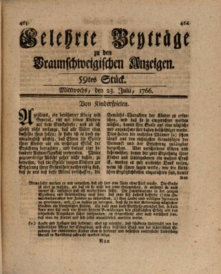 Braunschweigische Anzeigen. Gelehrte Beyträge zu den Braunschweigischen Anzeigen (Braunschweigische Anzeigen) Mittwoch 23. Juli 1766