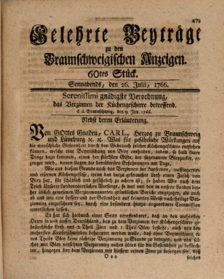 Braunschweigische Anzeigen. Gelehrte Beyträge zu den Braunschweigischen Anzeigen (Braunschweigische Anzeigen) Samstag 26. Juli 1766