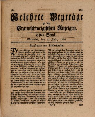 Braunschweigische Anzeigen. Gelehrte Beyträge zu den Braunschweigischen Anzeigen (Braunschweigische Anzeigen) Mittwoch 30. Juli 1766