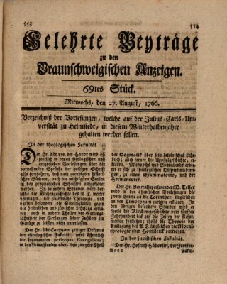 Braunschweigische Anzeigen. Gelehrte Beyträge zu den Braunschweigischen Anzeigen (Braunschweigische Anzeigen) Mittwoch 27. August 1766