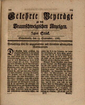 Braunschweigische Anzeigen. Gelehrte Beyträge zu den Braunschweigischen Anzeigen (Braunschweigische Anzeigen) Samstag 13. September 1766