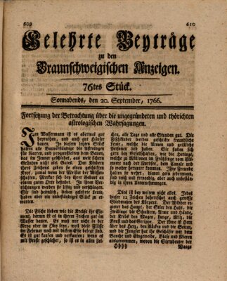 Braunschweigische Anzeigen. Gelehrte Beyträge zu den Braunschweigischen Anzeigen (Braunschweigische Anzeigen) Samstag 20. September 1766