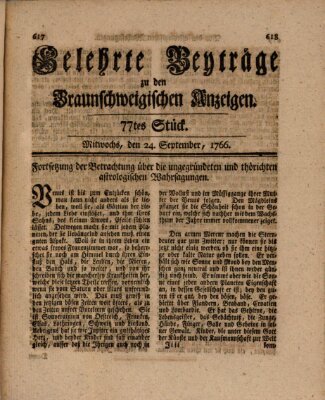 Braunschweigische Anzeigen. Gelehrte Beyträge zu den Braunschweigischen Anzeigen (Braunschweigische Anzeigen) Mittwoch 24. September 1766