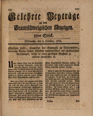 Braunschweigische Anzeigen. Gelehrte Beyträge zu den Braunschweigischen Anzeigen (Braunschweigische Anzeigen) Mittwoch 8. Oktober 1766