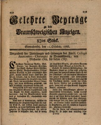 Braunschweigische Anzeigen. Gelehrte Beyträge zu den Braunschweigischen Anzeigen (Braunschweigische Anzeigen) Samstag 11. Oktober 1766