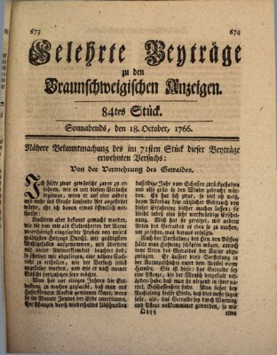 Braunschweigische Anzeigen. Gelehrte Beyträge zu den Braunschweigischen Anzeigen (Braunschweigische Anzeigen) Samstag 18. Oktober 1766