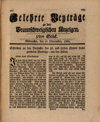 Braunschweigische Anzeigen. Gelehrte Beyträge zu den Braunschweigischen Anzeigen (Braunschweigische Anzeigen) Mittwoch 26. November 1766