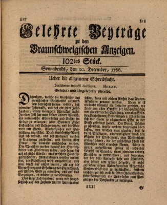 Braunschweigische Anzeigen. Gelehrte Beyträge zu den Braunschweigischen Anzeigen (Braunschweigische Anzeigen) Samstag 20. Dezember 1766