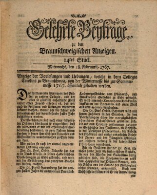 Braunschweigische Anzeigen. Gelehrte Beyträge zu den Braunschweigischen Anzeigen (Braunschweigische Anzeigen) Mittwoch 18. Februar 1767