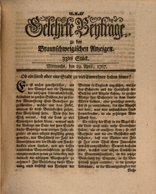 Braunschweigische Anzeigen. Gelehrte Beyträge zu den Braunschweigischen Anzeigen (Braunschweigische Anzeigen) Mittwoch 29. April 1767