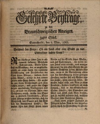 Braunschweigische Anzeigen. Gelehrte Beyträge zu den Braunschweigischen Anzeigen (Braunschweigische Anzeigen) Samstag 2. Mai 1767