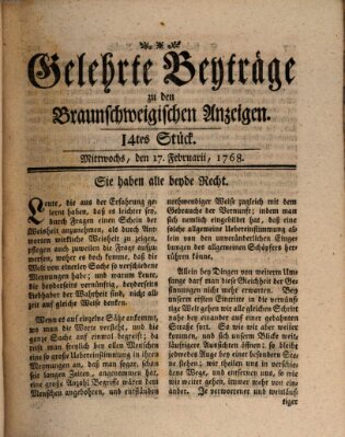 Braunschweigische Anzeigen. Gelehrte Beyträge zu den Braunschweigischen Anzeigen (Braunschweigische Anzeigen) Mittwoch 17. Februar 1768