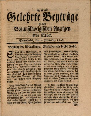 Braunschweigische Anzeigen. Gelehrte Beyträge zu den Braunschweigischen Anzeigen (Braunschweigische Anzeigen) Samstag 20. Februar 1768