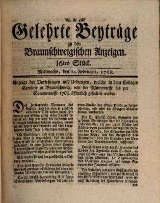 Braunschweigische Anzeigen. Gelehrte Beyträge zu den Braunschweigischen Anzeigen (Braunschweigische Anzeigen) Mittwoch 24. Februar 1768