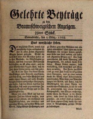 Braunschweigische Anzeigen. Gelehrte Beyträge zu den Braunschweigischen Anzeigen (Braunschweigische Anzeigen) Samstag 5. März 1768