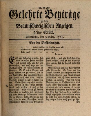 Braunschweigische Anzeigen. Gelehrte Beyträge zu den Braunschweigischen Anzeigen (Braunschweigische Anzeigen) Mittwoch 9. März 1768