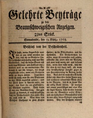 Braunschweigische Anzeigen. Gelehrte Beyträge zu den Braunschweigischen Anzeigen (Braunschweigische Anzeigen) Samstag 12. März 1768