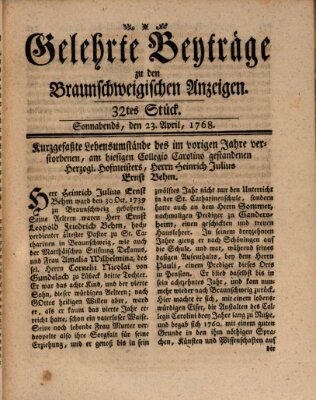 Braunschweigische Anzeigen. Gelehrte Beyträge zu den Braunschweigischen Anzeigen (Braunschweigische Anzeigen) Samstag 23. April 1768