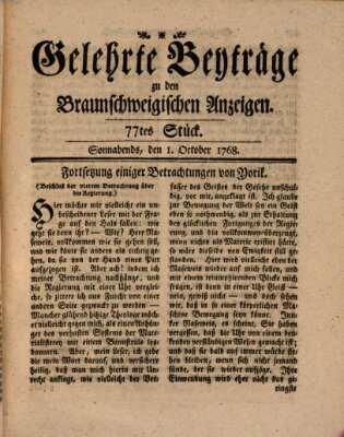 Braunschweigische Anzeigen. Gelehrte Beyträge zu den Braunschweigischen Anzeigen (Braunschweigische Anzeigen) Samstag 1. Oktober 1768