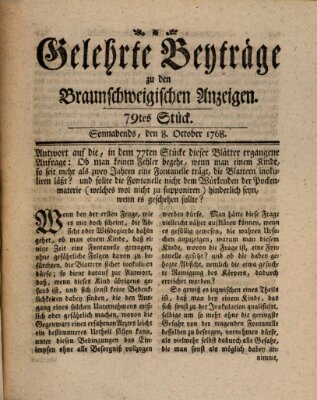 Braunschweigische Anzeigen. Gelehrte Beyträge zu den Braunschweigischen Anzeigen (Braunschweigische Anzeigen) Samstag 8. Oktober 1768