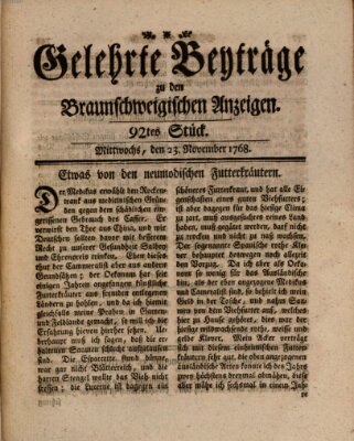 Braunschweigische Anzeigen. Gelehrte Beyträge zu den Braunschweigischen Anzeigen (Braunschweigische Anzeigen) Mittwoch 23. November 1768