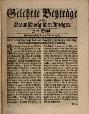 Braunschweigische Anzeigen. Gelehrte Beyträge zu den Braunschweigischen Anzeigen (Braunschweigische Anzeigen) Samstag 1. April 1769