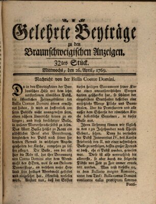 Braunschweigische Anzeigen. Gelehrte Beyträge zu den Braunschweigischen Anzeigen (Braunschweigische Anzeigen) Mittwoch 26. April 1769