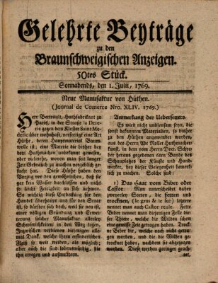 Braunschweigische Anzeigen. Gelehrte Beyträge zu den Braunschweigischen Anzeigen (Braunschweigische Anzeigen) Samstag 1. Juli 1769