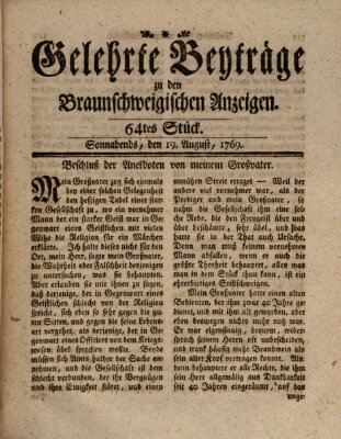 Braunschweigische Anzeigen. Gelehrte Beyträge zu den Braunschweigischen Anzeigen (Braunschweigische Anzeigen) Samstag 19. August 1769