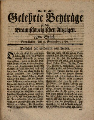 Braunschweigische Anzeigen. Gelehrte Beyträge zu den Braunschweigischen Anzeigen (Braunschweigische Anzeigen) Samstag 16. September 1769