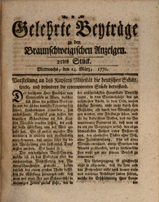 Braunschweigische Anzeigen. Gelehrte Beyträge zu den Braunschweigischen Anzeigen (Braunschweigische Anzeigen) Mittwoch 14. März 1770