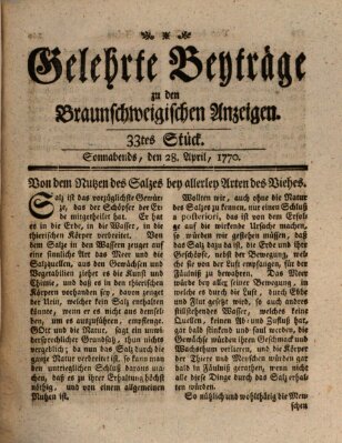 Braunschweigische Anzeigen. Gelehrte Beyträge zu den Braunschweigischen Anzeigen (Braunschweigische Anzeigen) Samstag 28. April 1770