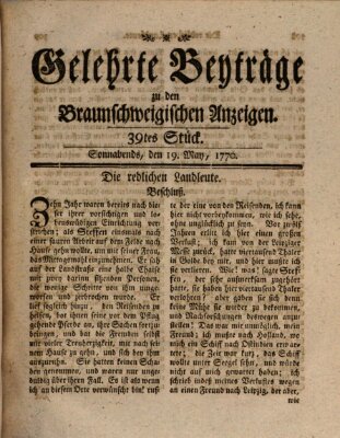 Braunschweigische Anzeigen. Gelehrte Beyträge zu den Braunschweigischen Anzeigen (Braunschweigische Anzeigen) Samstag 19. Mai 1770