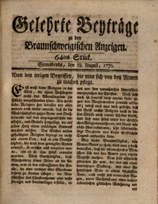 Braunschweigische Anzeigen. Gelehrte Beyträge zu den Braunschweigischen Anzeigen (Braunschweigische Anzeigen) Samstag 18. August 1770