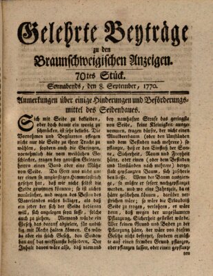 Braunschweigische Anzeigen. Gelehrte Beyträge zu den Braunschweigischen Anzeigen (Braunschweigische Anzeigen) Samstag 8. September 1770