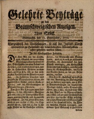 Braunschweigische Anzeigen. Gelehrte Beyträge zu den Braunschweigischen Anzeigen (Braunschweigische Anzeigen) Mittwoch 12. September 1770