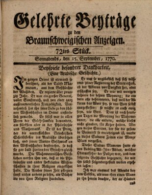 Braunschweigische Anzeigen. Gelehrte Beyträge zu den Braunschweigischen Anzeigen (Braunschweigische Anzeigen) Samstag 15. September 1770