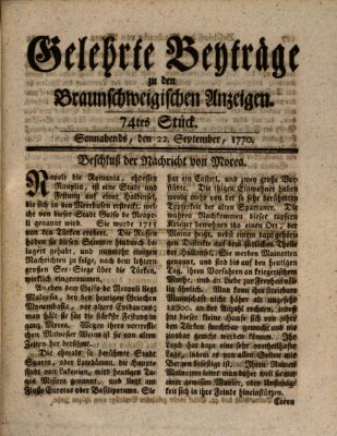 Braunschweigische Anzeigen. Gelehrte Beyträge zu den Braunschweigischen Anzeigen (Braunschweigische Anzeigen) Samstag 22. September 1770