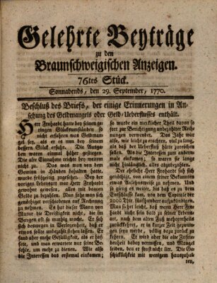 Braunschweigische Anzeigen. Gelehrte Beyträge zu den Braunschweigischen Anzeigen (Braunschweigische Anzeigen) Samstag 29. September 1770