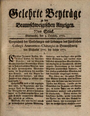 Braunschweigische Anzeigen. Gelehrte Beyträge zu den Braunschweigischen Anzeigen (Braunschweigische Anzeigen) Mittwoch 3. Oktober 1770