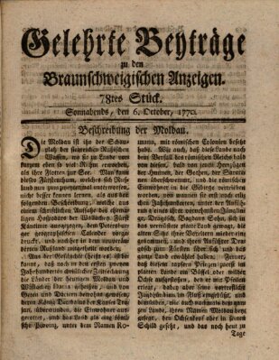 Braunschweigische Anzeigen. Gelehrte Beyträge zu den Braunschweigischen Anzeigen (Braunschweigische Anzeigen) Samstag 6. Oktober 1770