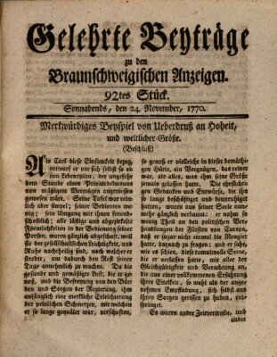 Braunschweigische Anzeigen. Gelehrte Beyträge zu den Braunschweigischen Anzeigen (Braunschweigische Anzeigen) Samstag 24. November 1770