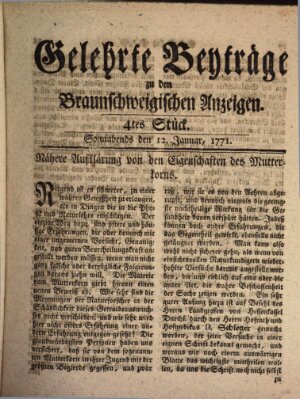 Braunschweigische Anzeigen. Gelehrte Beyträge zu den Braunschweigischen Anzeigen (Braunschweigische Anzeigen) Samstag 12. Januar 1771