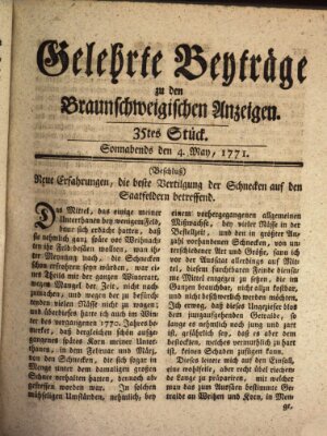 Braunschweigische Anzeigen. Gelehrte Beyträge zu den Braunschweigischen Anzeigen (Braunschweigische Anzeigen) Samstag 4. Mai 1771