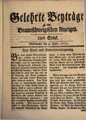 Braunschweigische Anzeigen. Gelehrte Beyträge zu den Braunschweigischen Anzeigen (Braunschweigische Anzeigen) Mittwoch 3. Juli 1771