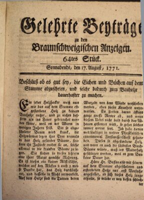 Braunschweigische Anzeigen. Gelehrte Beyträge zu den Braunschweigischen Anzeigen (Braunschweigische Anzeigen) Samstag 17. August 1771