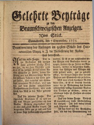 Braunschweigische Anzeigen. Gelehrte Beyträge zu den Braunschweigischen Anzeigen (Braunschweigische Anzeigen) Samstag 7. September 1771