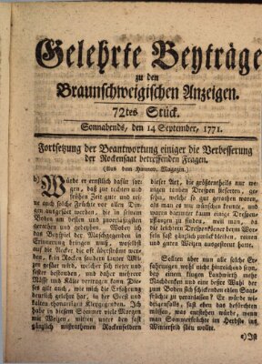 Braunschweigische Anzeigen. Gelehrte Beyträge zu den Braunschweigischen Anzeigen (Braunschweigische Anzeigen) Samstag 14. September 1771