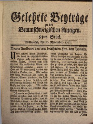 Braunschweigische Anzeigen. Gelehrte Beyträge zu den Braunschweigischen Anzeigen (Braunschweigische Anzeigen) Mittwoch 20. November 1771