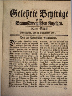 Braunschweigische Anzeigen. Gelehrte Beyträge zu den Braunschweigischen Anzeigen (Braunschweigische Anzeigen) Samstag 23. November 1771